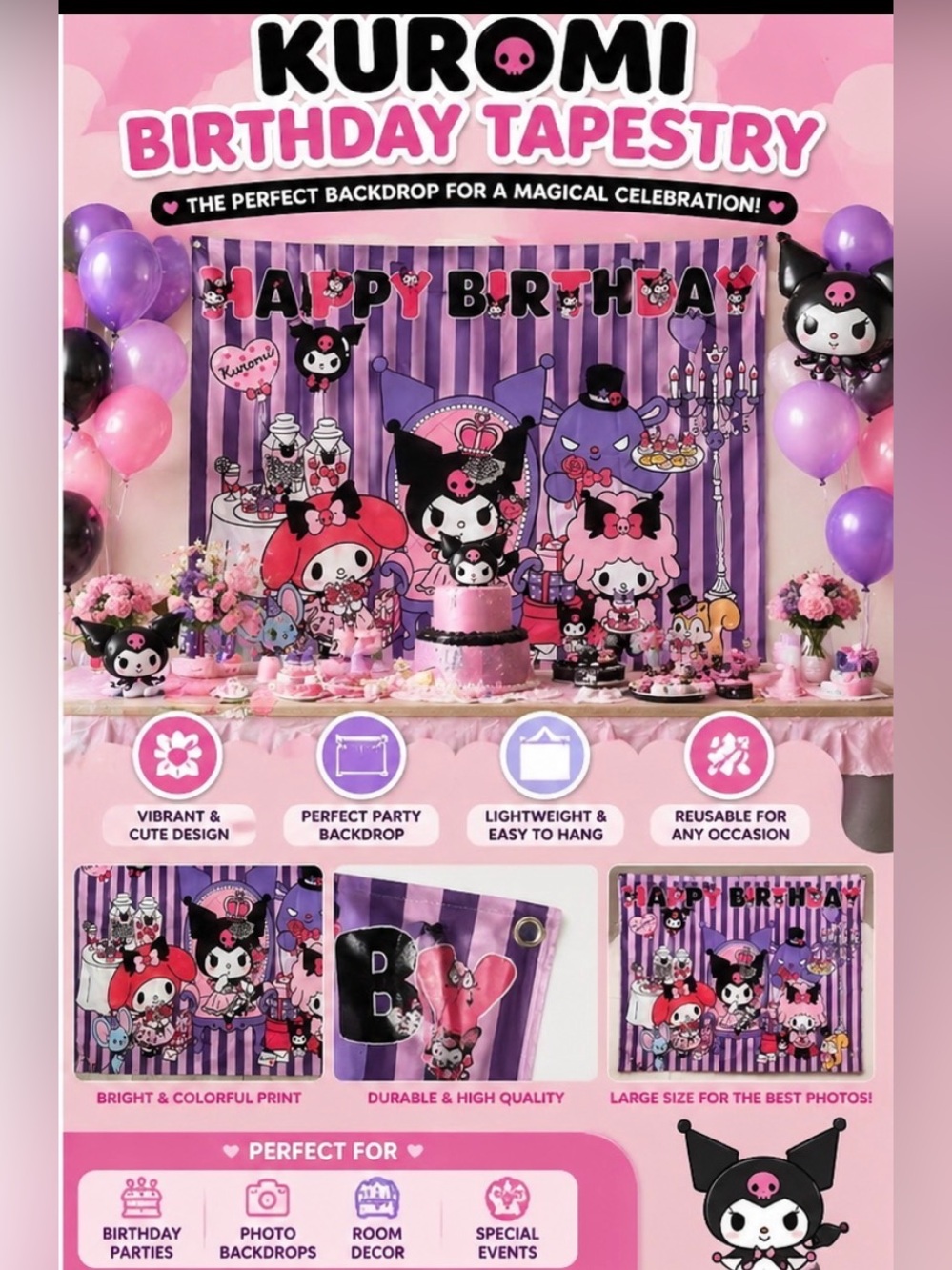 Kuromi Birthday Banner Tapestry Party Decoration Pink Purple Wall Decor